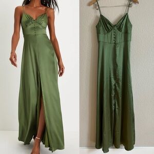 NWOT Refined Perfection Olive Green Satin Sleeveless Maxi Dress